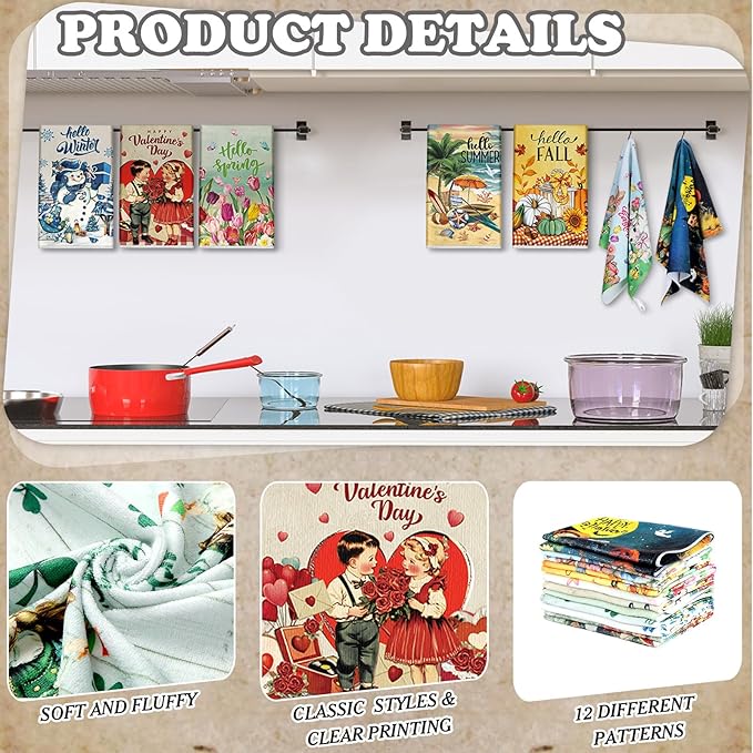 12 Pcs Seasonal Kitchen Towels Set for All Holidays Hand Dish Tea Towels Fall Halloween Christmas Cute Drying Dishcloths Decorative Absorbent Wash Cloths(Vintage Style)