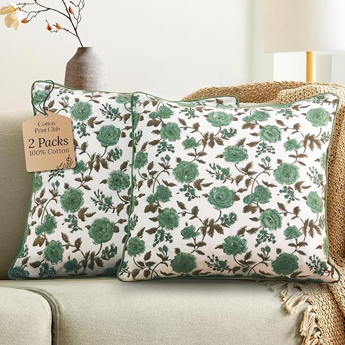 CPC 100% Cotton Throw Pillow Covers 20x20 Inch, Set of 2 Green Block Print Pattern Couch Pillow, Cute Boho Decorative Pillows for Living Room, Bedroom with Hidden Zipper- Moss Green