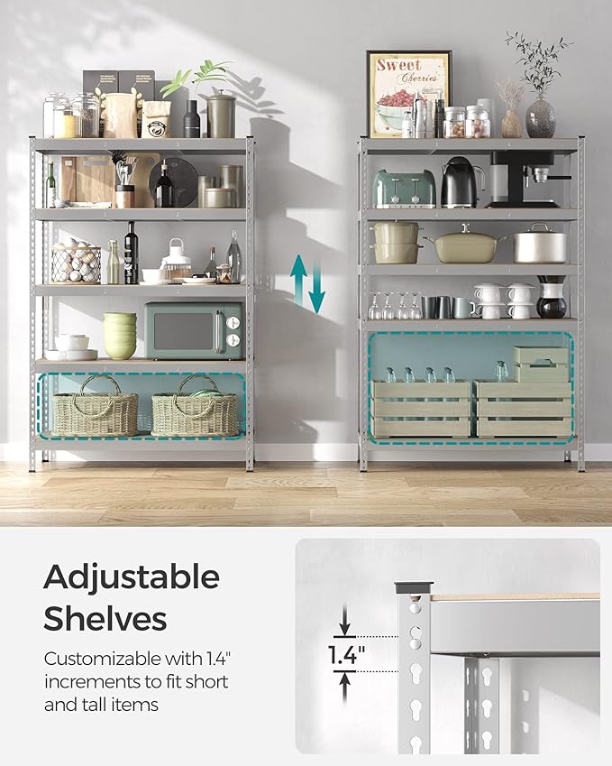 SONGMICS 5-Tier Storage Shelves, Load 2310 lb, Garage Storage, Boltless Assembly, Adjustable Shelving Unit, 23.6 x 47.2 x 70.9 Inches, for Study Shed Basement, Silver and Natural Beige UGLR600E01