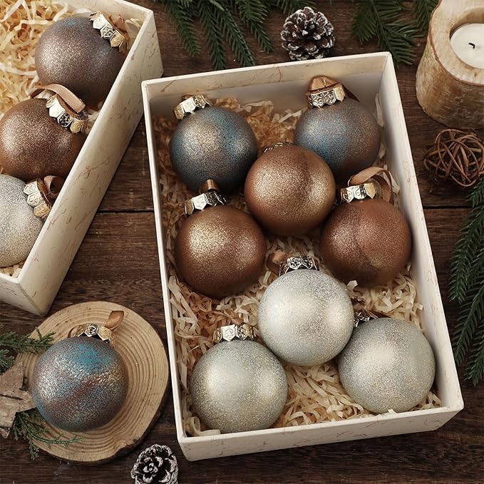 12 Pcs Neutral Textured Christmas Ball Ornaments 2.36'' Vintage Christmas Tree Decor Modern Rustic Brown Ornaments with Loop Shatterproof Hanging Ball for Xmas Farmhouse Decor (Earth Color)