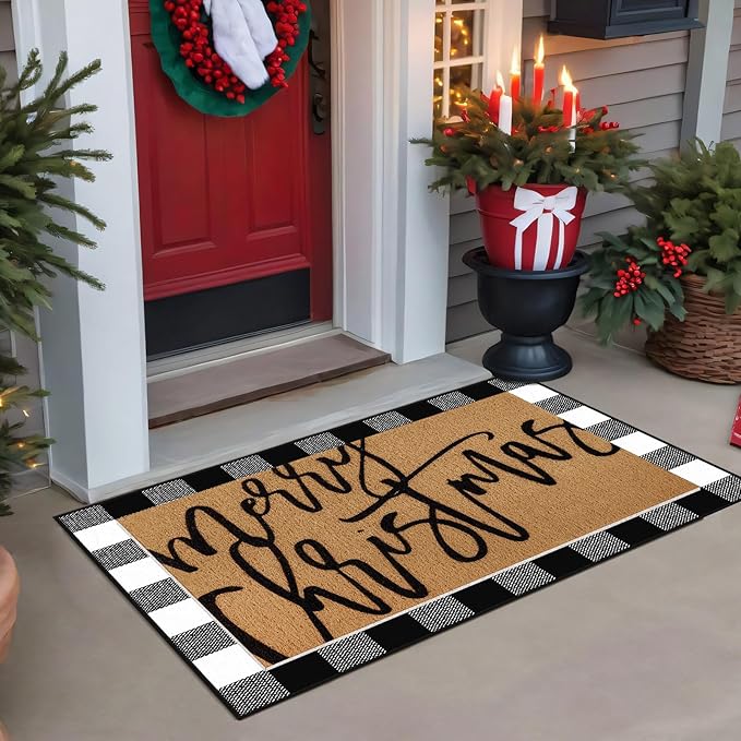 2 Pcs Merry Christmas Door Mat Xmas Welcome Non Slip Coir Mats Black White Buffalo Plaid Floor Layering Doormats Seasonal for Front Porch Entryway Decor(Merry Christmas)