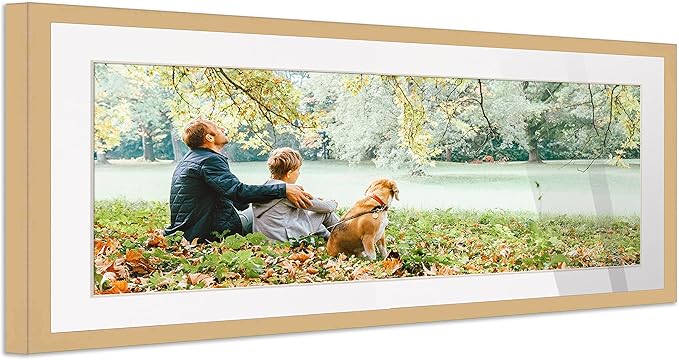5x15 Natural Wood Picture Frame with White Mat | 8x18 Frame Matted to 5x15 | Display Your Picture Under UV Acrylic Shatter Guard Front, with Foam Board Backing and Wall Hanging Hardware - Wood Frame