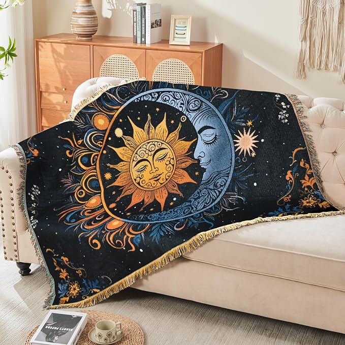 Boho Throw Blanket Reversible Cotton Bohemian Tapestry Hippie Room Decor Outdoor Blanket Double Sided (Black Sun Moon 50"x60")