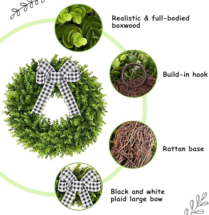 Vlorart 24" Faux Round Boxwood Wreath, Artificial Boxwood Wreath Front Door Wreaths Artificial Spring Summer Greenery Hanging with A Plaid Bow and sash for Front Door Wall Hanging Window Wedding Decor