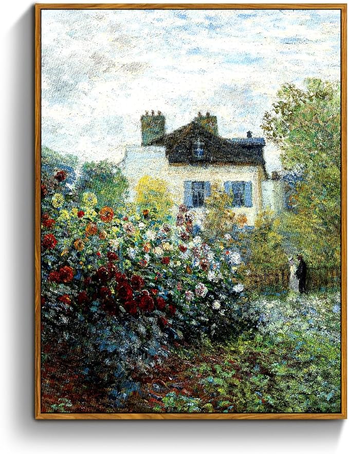 crmotu Vintage Framed Wall Art, Cottage Rose Garden Landscape Painting, French Country Floral Pictures Canvas Prints, Retro Rustic Farmhouse Wall Decor Living Room Bedroom Kitchen Artwork 12x16in