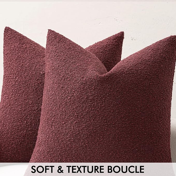MIULEE 20x20 Inch Decorative Pillow Covers for Couch Bed Set of 2 Textured Boucle Neutral Throw Pillows Burgundy Accent Solid Cushion Pillowcase Cozy Soft Sofa Livingroom Home Decor
