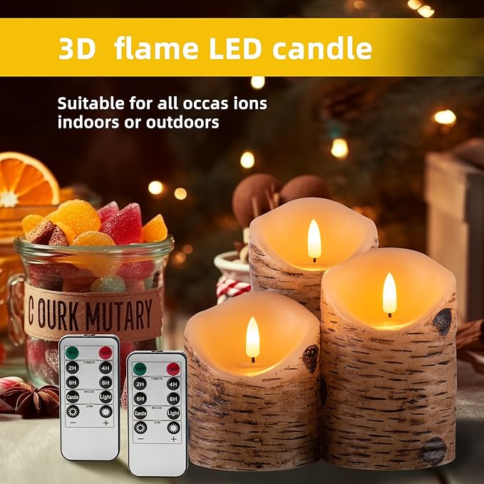 Birch Bark Effect Flameless Candles Battery Operated Pillar Real Wax Flickering Electric LED Candle Sets with Remote Control Cycling 24 Hours Timer, 4" 5" 6" Pack of 3