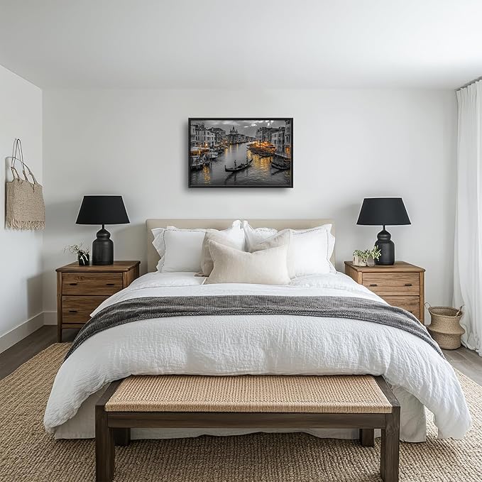 Olivine Italy Large Wall Art, Venice City Pictures Wall Decor, Black and White Painting, Cityscape Canvas Prints, Framed Artwork for Dining Room Living Room Bedroom Bathroom Office Home Decor 36"x24"