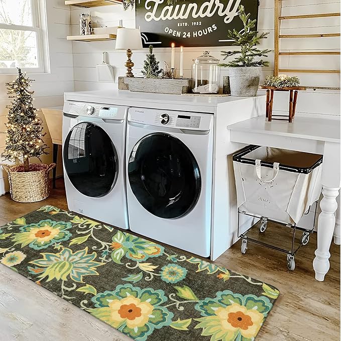 Lahome Floral Hallway Carpet - 2x5 Washable Non-Slip Low-Pile Kitchen Laundry Room Rug, Soft Paisley Print Modern Indoor Rug for Living Room Bathroom Entrance