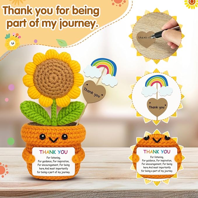 Crochet Sunflower Thank You Gift – Handmade Affirmation Doll with Appreciation Card for Teacher, Mentor, Coworker, Boss – Farewell, Retirement, Graduation, Christmas Office Desk Decor