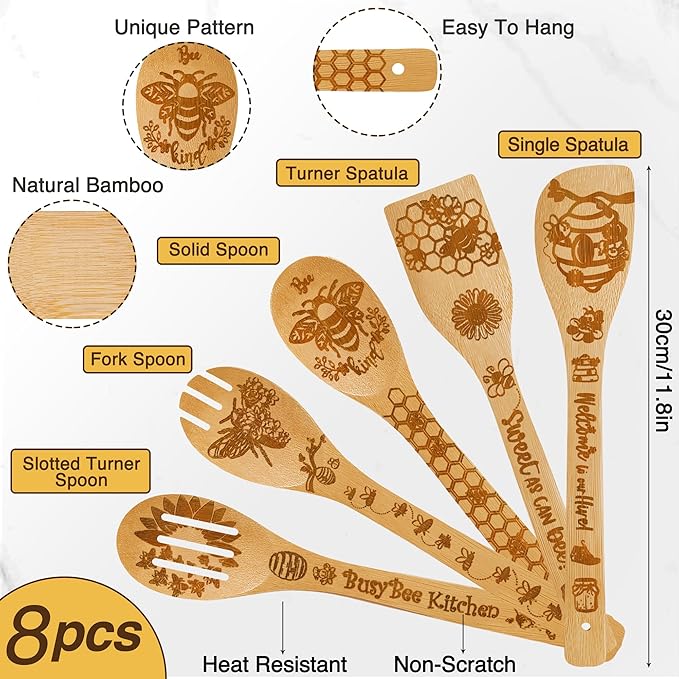 8PCS Bumble Bee Bamboo Cooking Utensil Spoon with Apron Oven Mitt Potholder for Kitchen Decor,Honey Bee Themed Gifts for Women,Kitchen Pot Holder Sets for Housewarming,Birthday