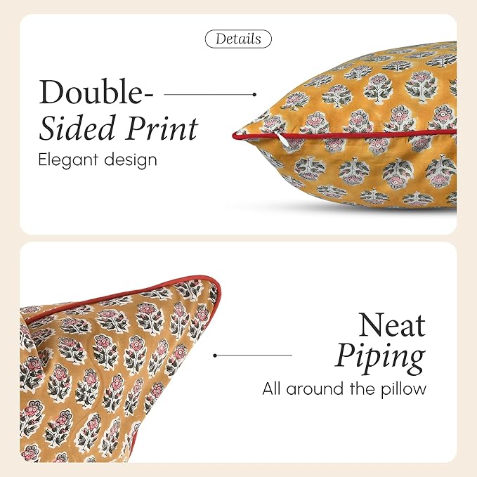 CPC 100% Cotton Throw Pillow Covers 20x20 Inch, Set of 2 Yellow Block Print Pattern Couch Pillow, Cute Boho Decorative Pillows for Living Room, Bedroom with Hidden Zipper- Yellow Citrine