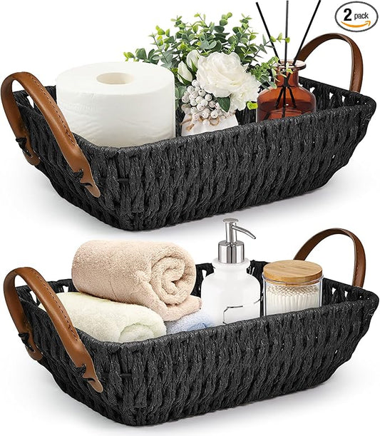 Paper Rope Woven Toilet Paper Basket, Small Wicker Storage Baskets for Organizing with Handles, Bedroom Decor Baskets Toilet Tank Shelf Storage Bins (Set of 2, Black)