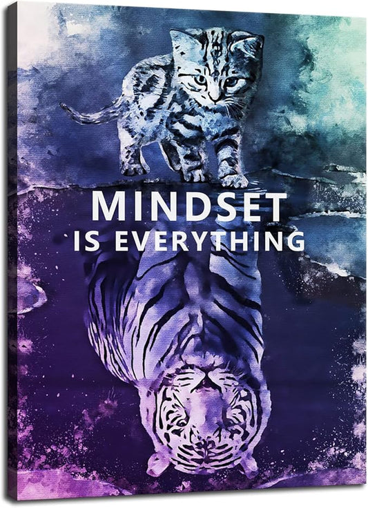 Motivational Quotes Mindset is Everything Cat and Tiger Art Work Wall Canvas Prints Wall Decor Gym Office Classroom Quotes Framed Artwork Home Office Decoration Motivational Posters Art[30″W X 40″H]