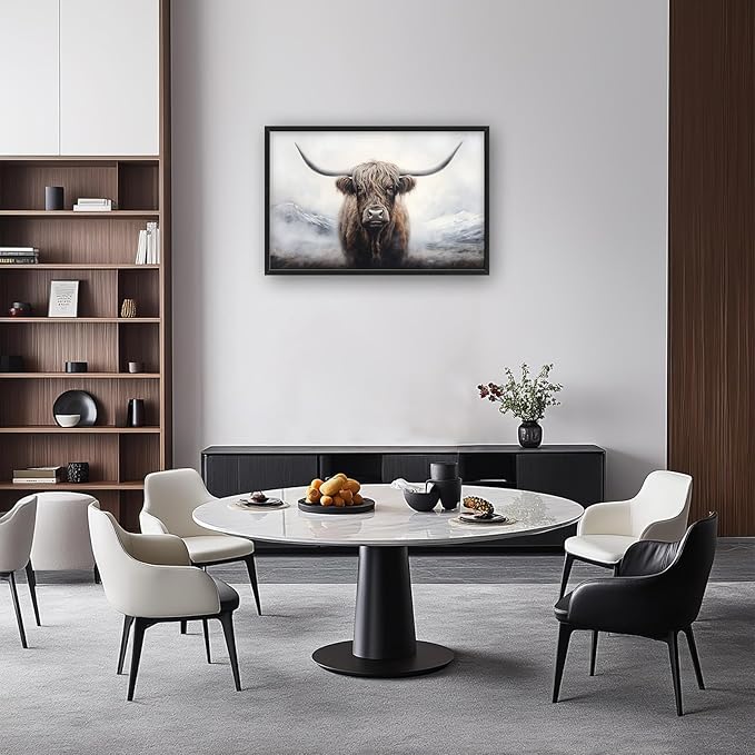 Highland Cow Large Framed Wall Art Rustic Wild Animal Pictures Oversized Wall Decor Foggy Mountain Canvas Print Painting Aesthetic Modern Artwork for Living Room Bedroom Office Bathroom Home Decor 36L"x24W"