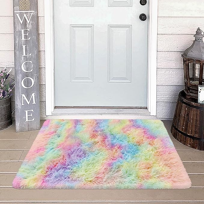 Small Fluffy Rainbow Colorful Area Rug for Girls Bedroom 2x3 Mini Kawaii Tie Dye Rug Fuzzy Unicorn Throw Rug for Living Room Kids Nursery Baby Princess Room Home Decor Aesthetic Carpets