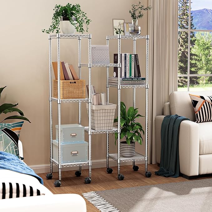 Storage Shelves Adjustable, 4 Tier Shelving Units for Storage with Wheels, Corrosion Resistant Wire Shelving Unit for Kitchen Closet Bathroom Office, Chrome 11.8" D x 11.8" W x 48.1" H