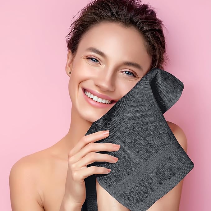 GLAMBURG Ultra Soft 12-Piece Washcloths Set 13x13-100% Ringspun Cotton - Durable & Highly Absorbent Face Towels - Ideal for use in Bathroom, Kitchen, Gym, Spa & General Cleaning - Charcoal Grey