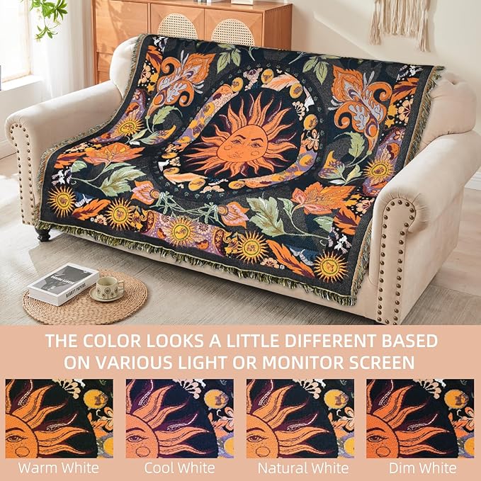 Boho Throw Blanket Reversible Cotton Bohemian Tapestry Hippie Room Decor Outdoor Blanket Double Sided (Boho Sun Black 50"x60")