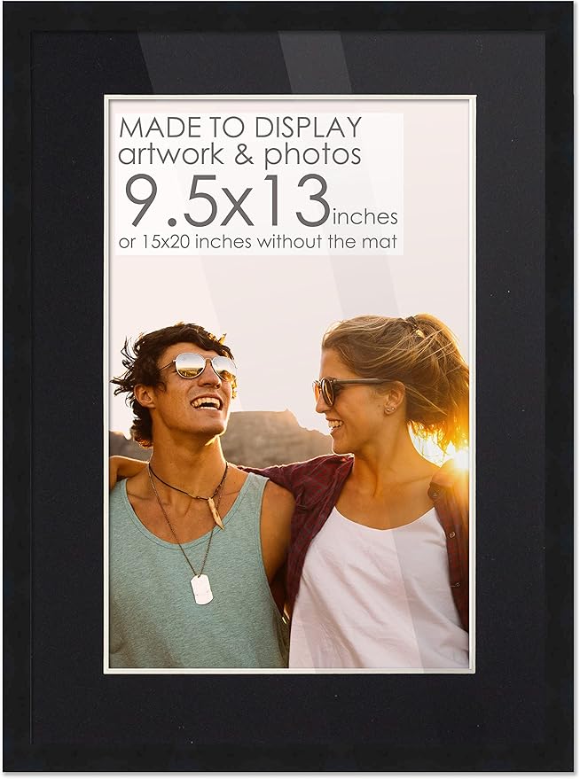 9.5x13 Frame Black Wood with Black Mat | 15x20 Frame Matted to 9.5x13 | Display Your Poster Under UV Acrylic Shatter Guard Front, with Foam Board Backing and Wall Hanging Hardware - Wood Frame