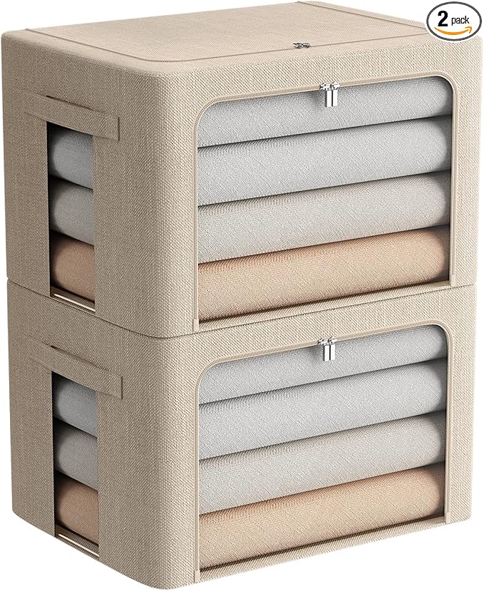 2 Pack Clothes Storage Bins Stackable Metal Frame Storage Box Foldable Linen Fabric Box Organizer with Carrying Handles and Clear Window (Beige, 15.7x 11.8x 11.7 Inch)