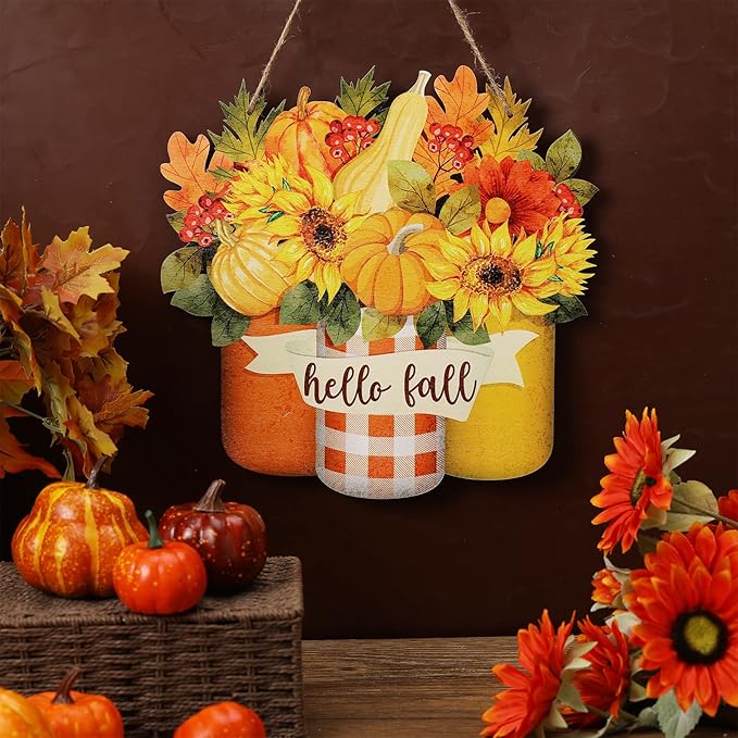 Spiareal Thanksgiving Welcome Sign Fall Wall Art Wood Autumn Maple Door Decor Sunflower Flowers Fall Front Wreath for Front Door Decoration (Maple Style)