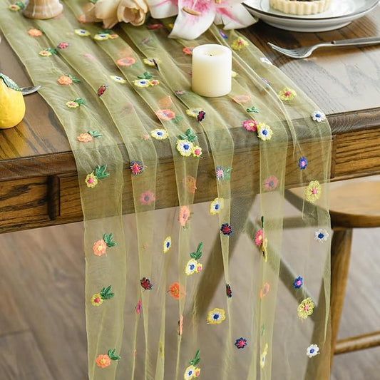 Artoid Mode Green Embroidery Daisy Gauze Table Runner 120 Inch 10FT, Seasonal Sheer Kitchen Dining Holiday Wedding Birthday Table Decor for Home Party