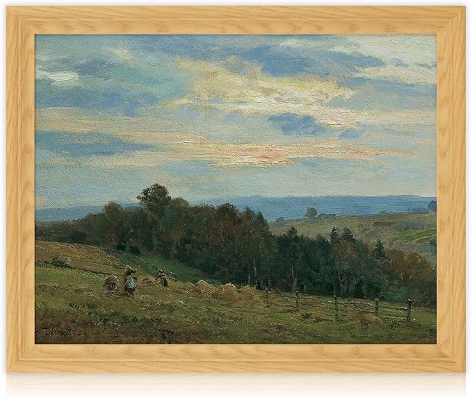 Brivoria Framed Canvas Wall Art Vintage Decor, Rustic Autumn Countryside Scene with Hillside Fields Farmers and Golden Sunset Sky for Living Room Bedroom Fireplace or Gallery Wall Display, 16"x20"