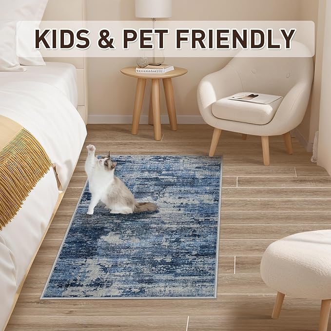 Machine Washable Area Rugs 2x3: Small Entryway Rug with Non Slip Backing Non Shedding Stain Resistant Abstract Carpet for Living Room Bedroom Kitchen Laundry Under Dining Table - Beige/Blue