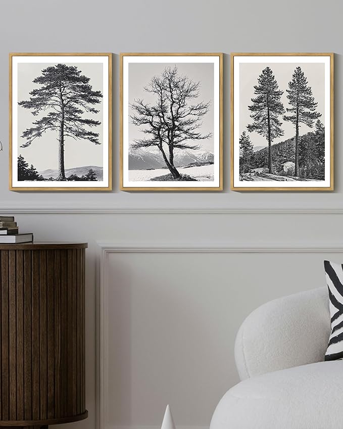 KUVIOKE Vintage Black Gray Forest Wall Art Framed Antique Retro Tree Prints Modern Rustic Artwork Bedroom Living Room Ready to Hang 12x16in (Natural Framed)