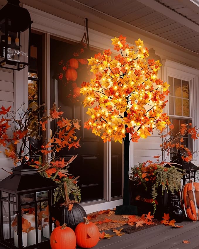Agusbagli 7FT 128LED Lighted Maple Tree Thanksgiving Decorations with Timer 8 Modes Dimmable Artificial Fall Light Up Tree with 256 Leaves 32 Acorns for Harvest Indoor Outdoor Decor