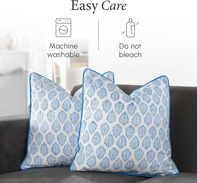 CPC 100% Cotton Throw Pillow Covers 20x20 Inch, Set of 2 Green Block Print Pattern Couch Pillow, Cute Boho Decorative Pillows for Living Room, Bedroom with Hidden Zipper- Royal Blue