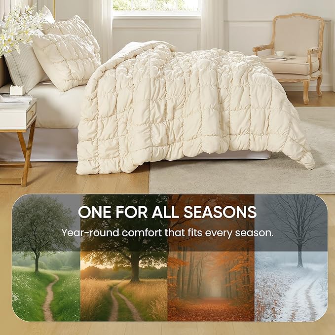 Amelie Home Beige Bubble Comforter Set Twin, 2 Pieces Ultra Soft Cozy Bedding Set for All Seasons, Farmhouse Luxury Gift for Women Home Decor, 68 x 90 inches