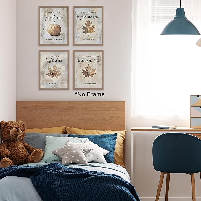 TLESKE Rustic Fall Christian Pumpkins Maple Leaves Posters Prints Unframed Set of 4 for Farmhouse Bedroom Living Room Kitchen, Vintage Autumn Wall Art Prints Decor, Thanksgiving Wall Pictures, 12x16