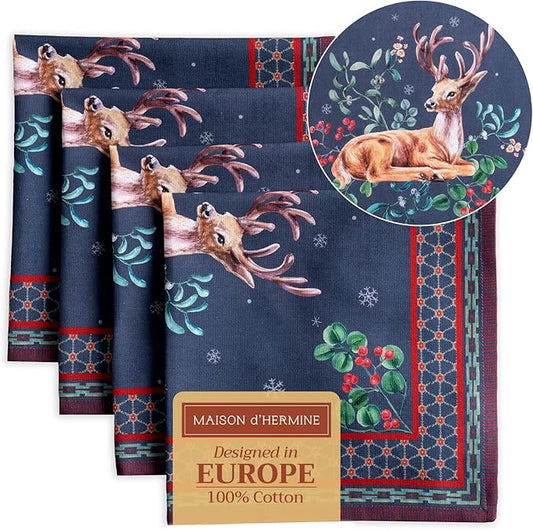 Maison d' Hermine Cloth Napkins Set of 4 100% Cotton Everyday Reusable Square Napkins Cloth Washable, Dinner, Party, Wedding, Restaurant (Christmas Joy, 20" x 20")
