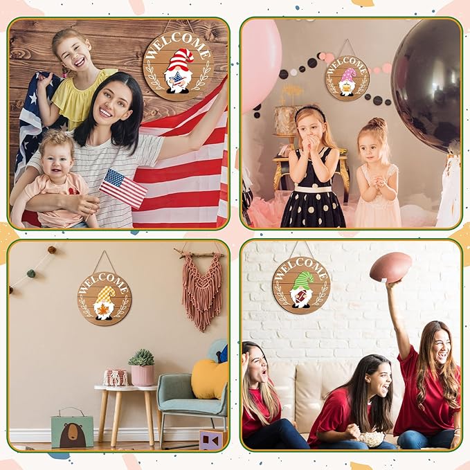 Qunclay Interchangeable Wooden Gnome Decor Holiday Seasonal Gnome Decorations with Magnet Pieces and Detachable Hats Changeable Welcome Sign for Home(Simple Style)