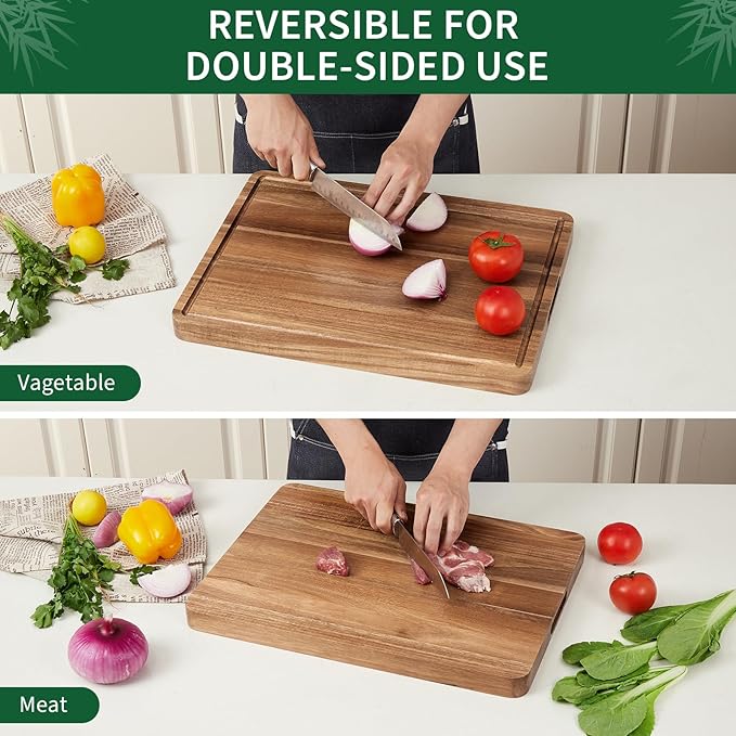 Garvee Acacia Wood Cutting Board for Kitchen, 20"x15"x1.38" Large Wooden Chopping Board, Reversible Wooden Butcher Block with Deep Juice Groove and Side Handle for Meat, Vegetables, Cheese, Fruit