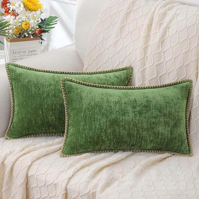 decorUhome Christmas Chenille Soft Throw Pillow Covers 12x20 Set of 2, Lumbar Velvet Farmhouse Neutral Decorative Euro Fall Pillow Covers with Stitched Edge for Couch Sofa Bed Home Decor, Forest Elf