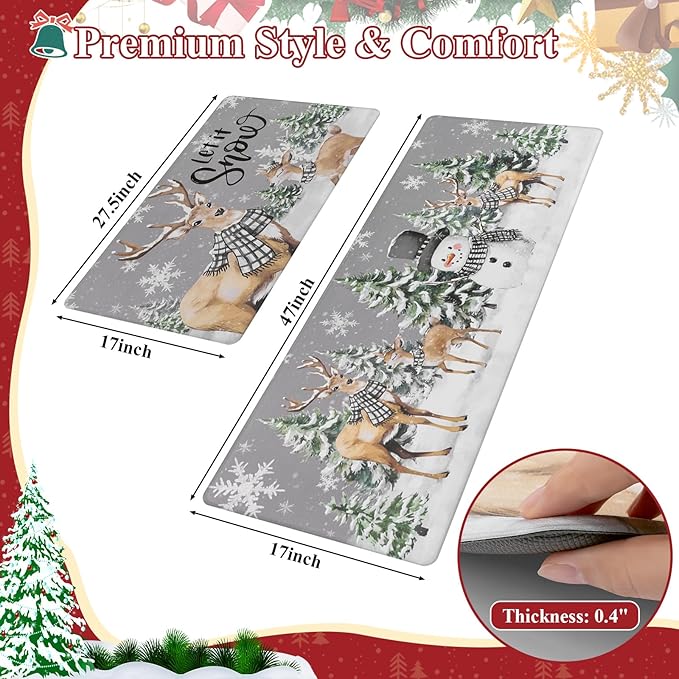 SHACOS Christmas Kitchen Rugs Set of 2 Anti-Fatigue Kitchen Mats Cushioned Christmas Deer Forest Trees Farmhouse Kitchen Mats and Rugs for Xmas 17x27.5+17x47, Forest Deer
