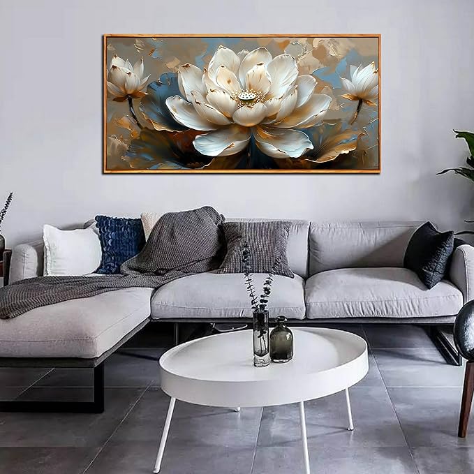 Lotus Canvas Wall Art - White Flower Painting - Modern Framed Art Size 24" x 48" for Living Room