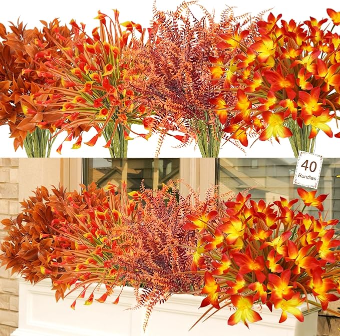 Agusbagli 40Pcs Artificial Fall Outdoor Flowers Fake Autumn Boxwood Plants UV Resistant Plastic No Fade Faux Fall Flowers Arrangements for Thanksgiving Autumn Weddings Porch Indoor Home Decorations