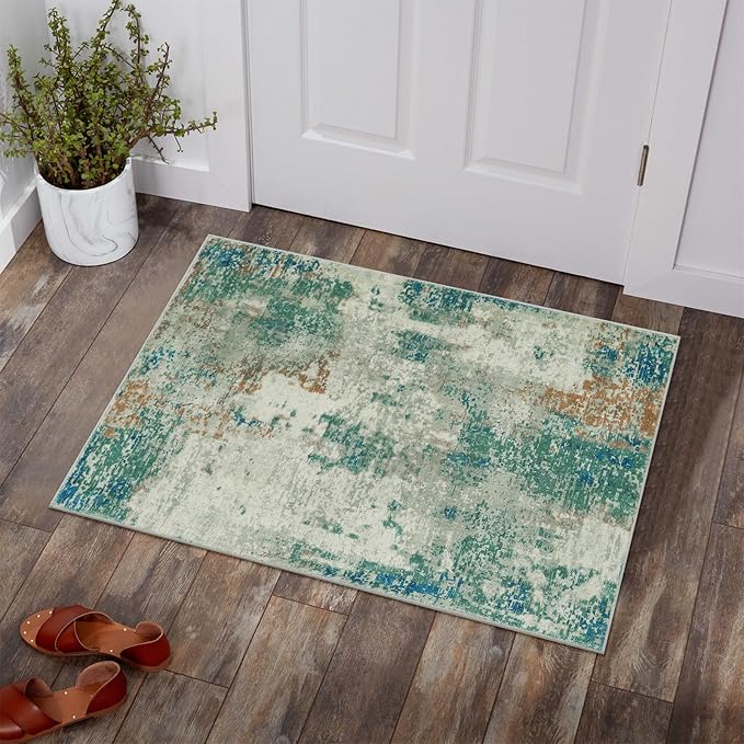 Lahome Modern Abstract Area Rug - 2x3 Small Entryway Rug Washable Rugs for Kitchen Non-Slip Soft Front Indoor Doormat Low Pile, Accent Throw Carpet for Bathroom Laundry Floor Mats,Green/Grey