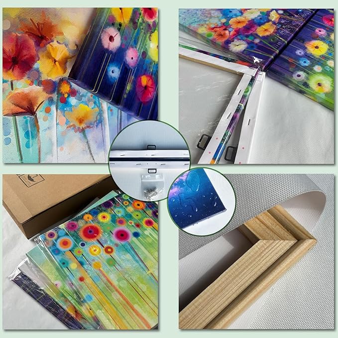 Flowers Bathroom Decor Canvas Wall Art, Colorful Floral Artwork Painting Prints Modern Pictures Framed for Bedroom Office Living Room Decorations - 12"x12"x4 panel