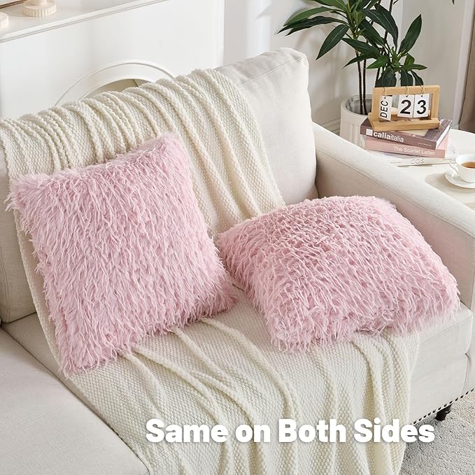 FUTEI Pink Decorative Throw Pillow Covers 16x16 Inch Set of 2,Soft Fluffy Faux Feather Texture Cushion Cases,Modern Home Luxury Decor for Couch Bed Living Room
