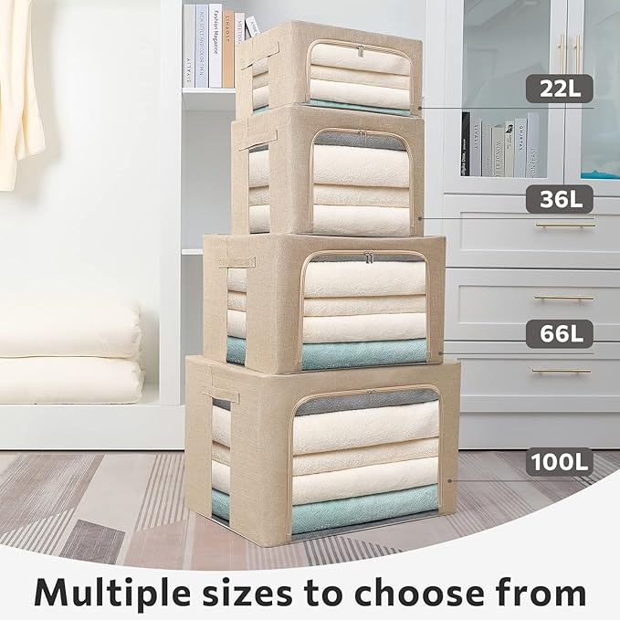2 Pack Clothes Storage Bins Stackable Metal Frame Storage Box Foldable Linen Fabric Box Organizer with Carrying Handles and Clear Window (Beige, 15.7x 11.8x 11.7 Inch)