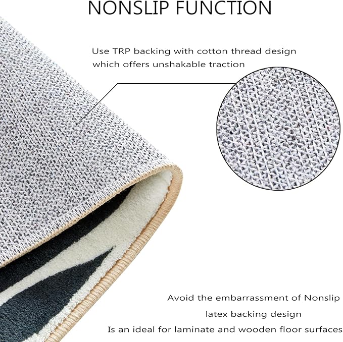 RoomTalks Mid Century Boho Washable 4x6 Rug, Black Vintage Cute Aesthetic Area Rugs Carpet for Kitchen Entryway Bedroom Living Room Office, Abstract Contemporary Botanical Leaves Thin Indoor Rug