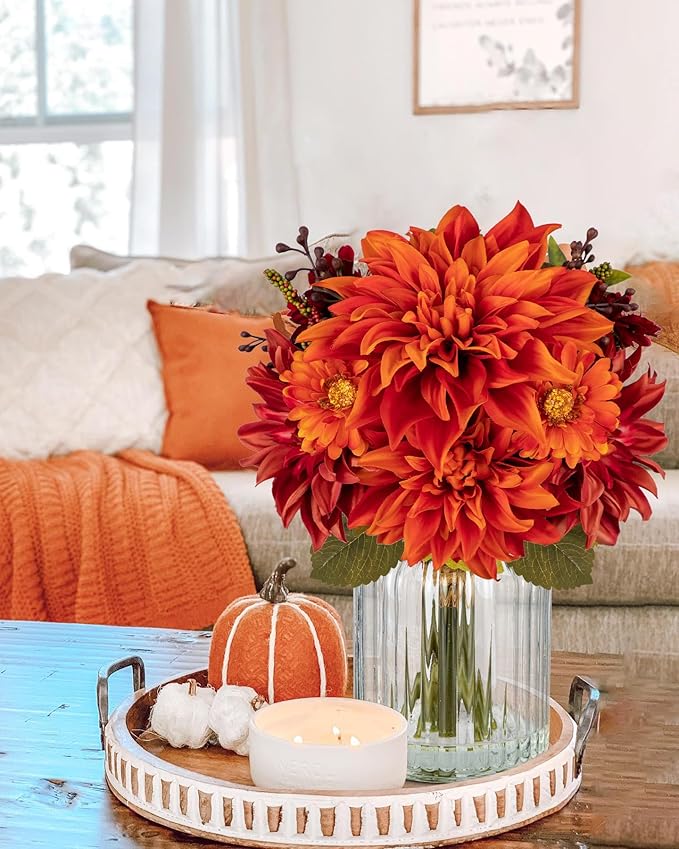 Briful Fake Fall Flowers with Vase, Artificial Dahlia & Mum Silk Floral Arrangement with Glass Vase Faux Autumn Flowers Bouquet for Home Office Room Coffee Table Centerpiece Wedding Decoration