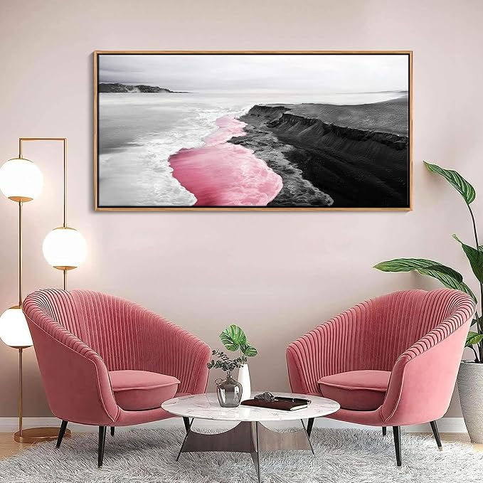 YCPRIMER Pink Canvas Wall Beach Black and White Picture for Living Room Largre Artwork for Wall Coastal Ocean Seascape Painting bedroom Wall Decor Above Bed 20×40IN