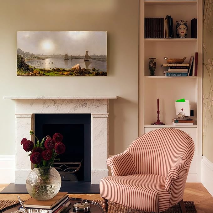 crmotu Large Canvas Wall Art, Harbor Landscape Vintage Art Prints, Coastal Sun Sailboat Scenery Nature Pictures, Retro Nautical Paintings Wall Decor Living Room Bedroom Bathroom Office Decor 20"X40"