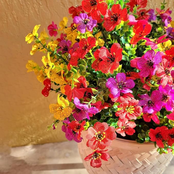 Artificial Flowers for Outdoor Indoor Garden Home Decoration, Faux Flower Daisy with Eucalyptus Leaves Fake Plants Greenery Boxwood Porch Patio, 12 Bundles (Mix Red Purple Yellow Fuchsia)